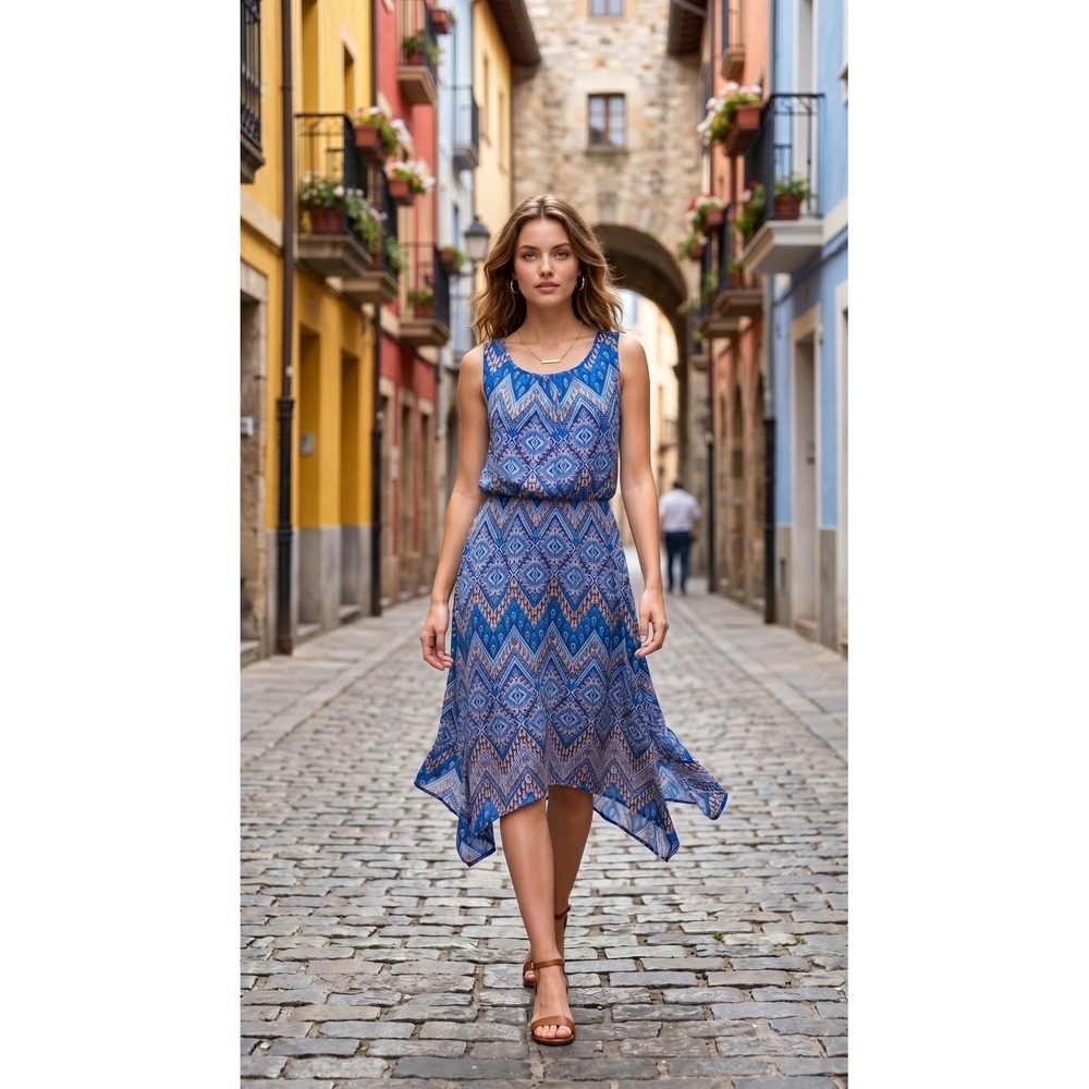 Women's Sleeveless Blue Floral Print Casual Midi Dress Shark Hem Boho M